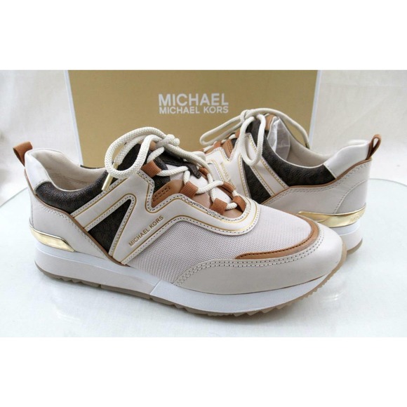 Women's Shoes Michael Kors Pippin Trainer Sneakers MK Logo Cream Multi Size 9.5 - Picture 2 of 11